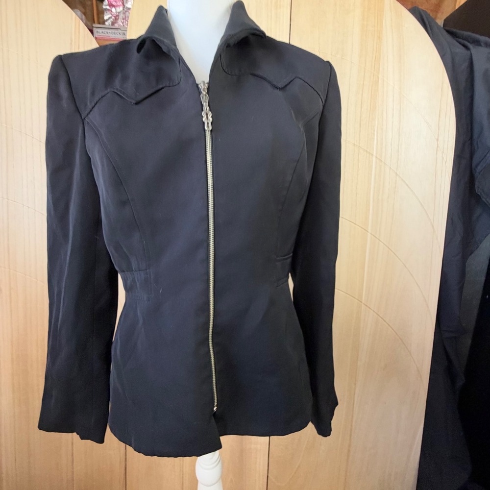 Rina Rossi Zip Front Jacket Small Black Western Yoke Tailored Goth Minimalist